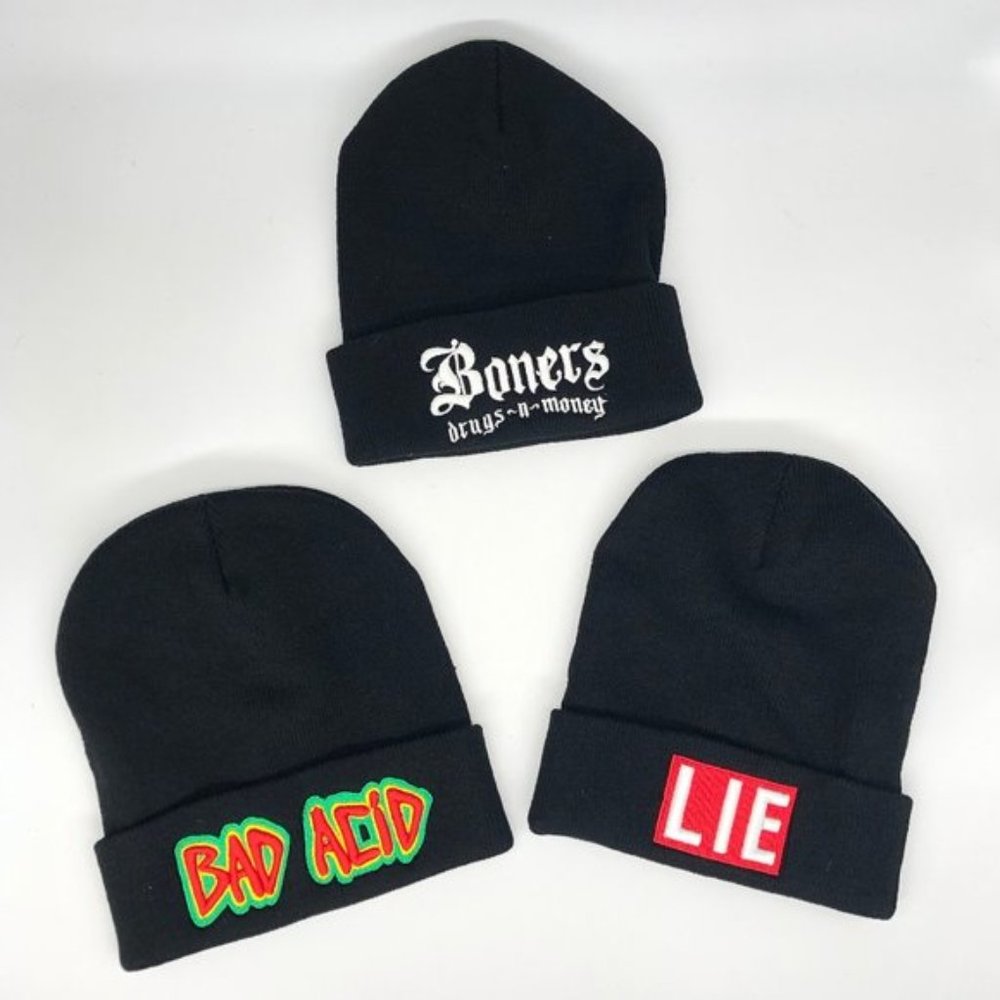 2 New UNIF Black Embroidered Beanies LIE & BAD ACID available only